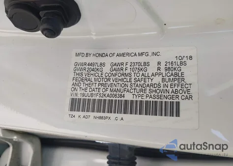 2019 Acura Tlx Tech Pkg из США, поврежденный, VIN 19UUB1F52KA006384
